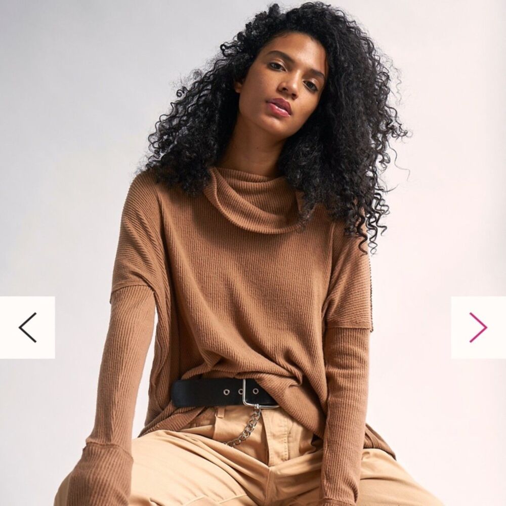 We The Free People Rosa Top Ribbed Cowl Neck Oversized Brown Granola Women Large